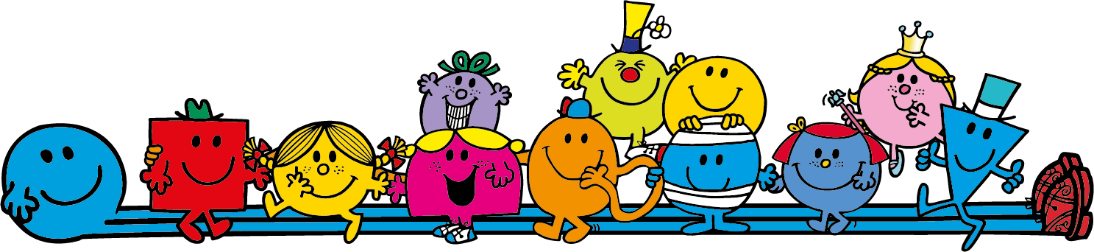 Mr Men & Little Miss sitting on Mr Tall's legs